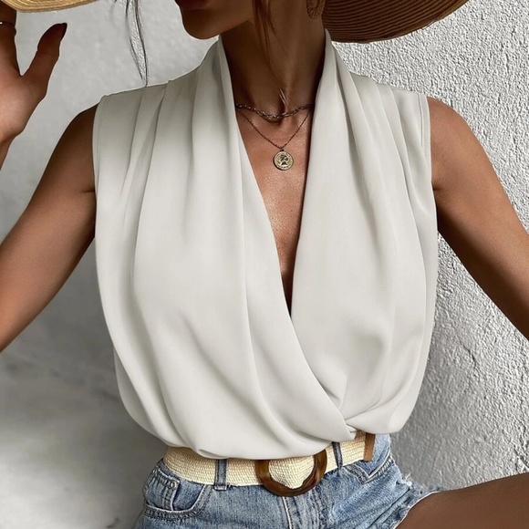 Luxe Satin Overlap Sleeveless Minimalist Top - Picture 2 of 5